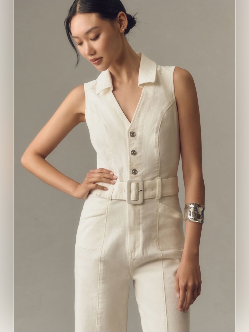 NWT PAIGE Sasha Wide Leg Belted Jumpsuit Tonal Ecru Ivory Size 8